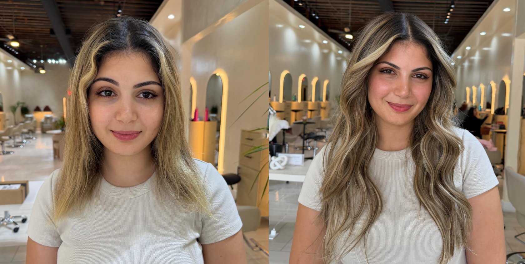 Before and after: fine hair transformed with seamless extensions and lived-in blonde waves