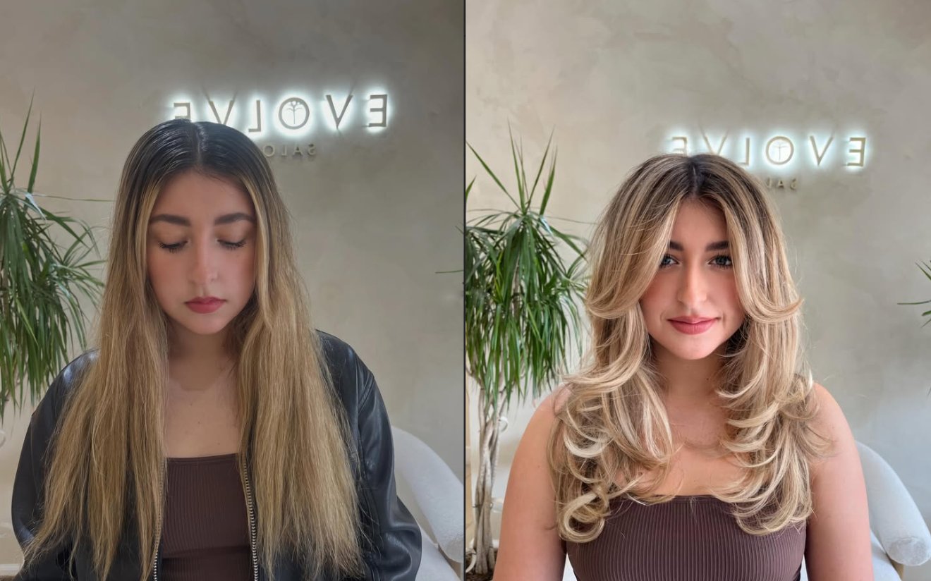 Before and after: grown-out blonde refreshed into bouncy butterfly layers