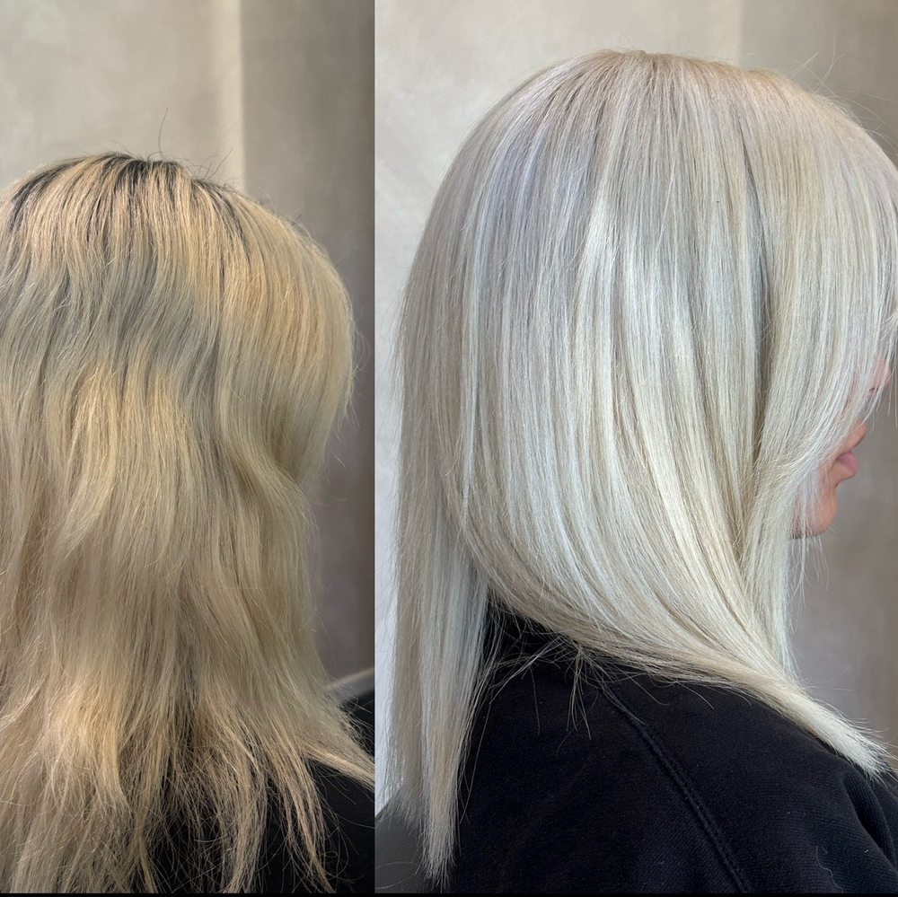 Before and after: brassy blonde with dark roots transformed into sleek, icy platinum blonde