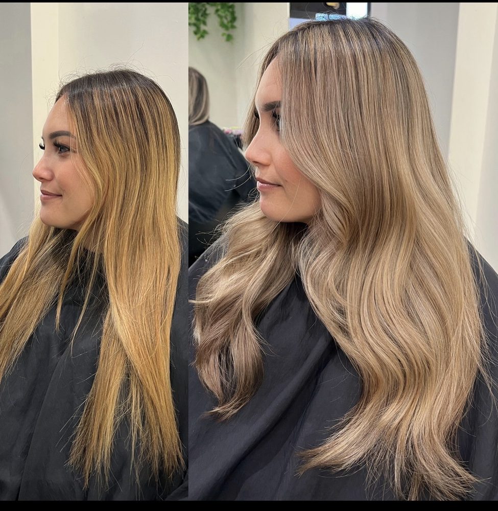 Before and after: brassy yellow-blonde hair refreshed into a cooler beige-toned ash blonde with waves